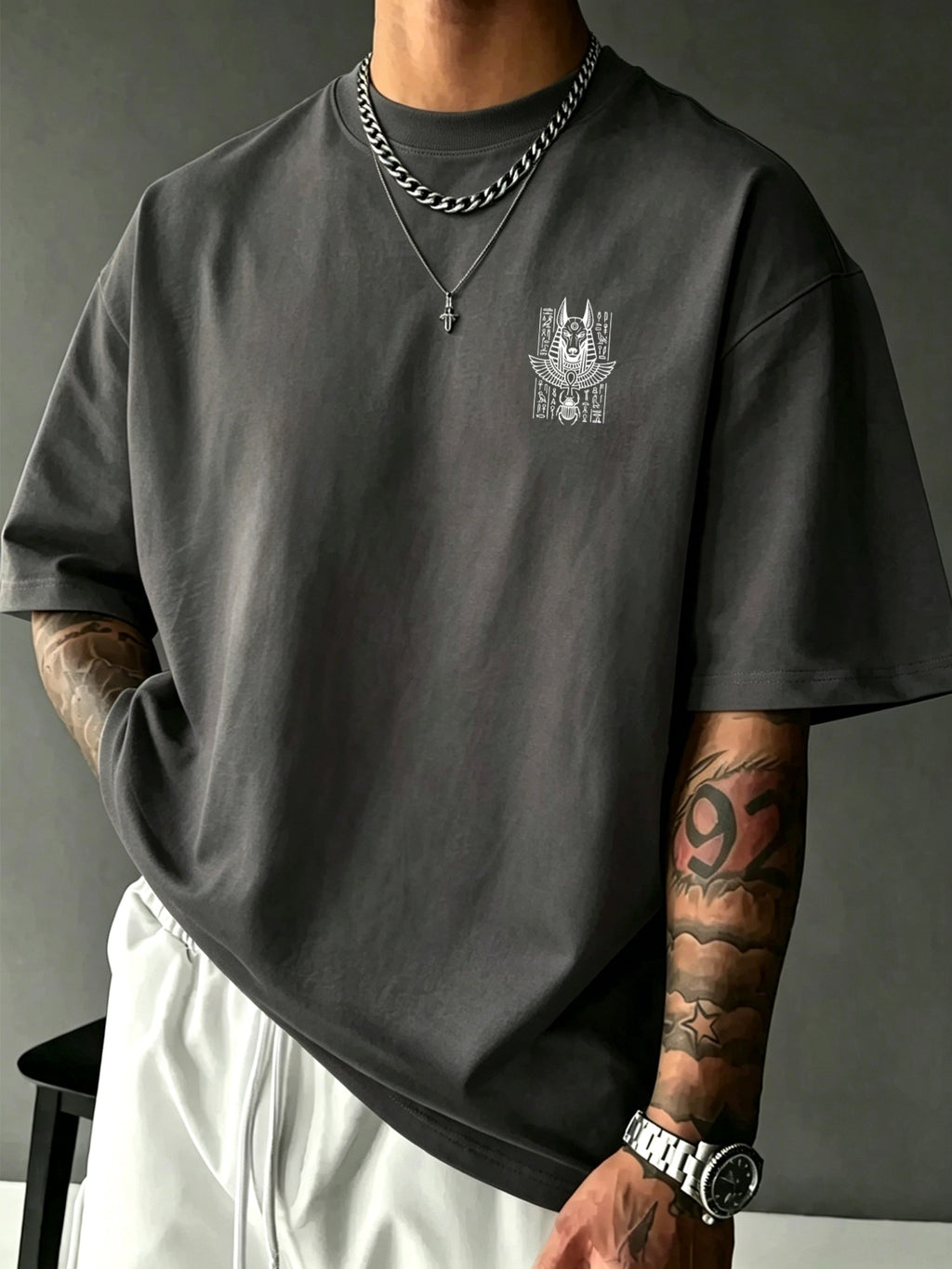 Men's 100% Pure Cotton T-Shirt with Anubis Scarab Egyptian Element Print, Casual, Comfortable, and Breathable for All Seasons - Dark Gray
