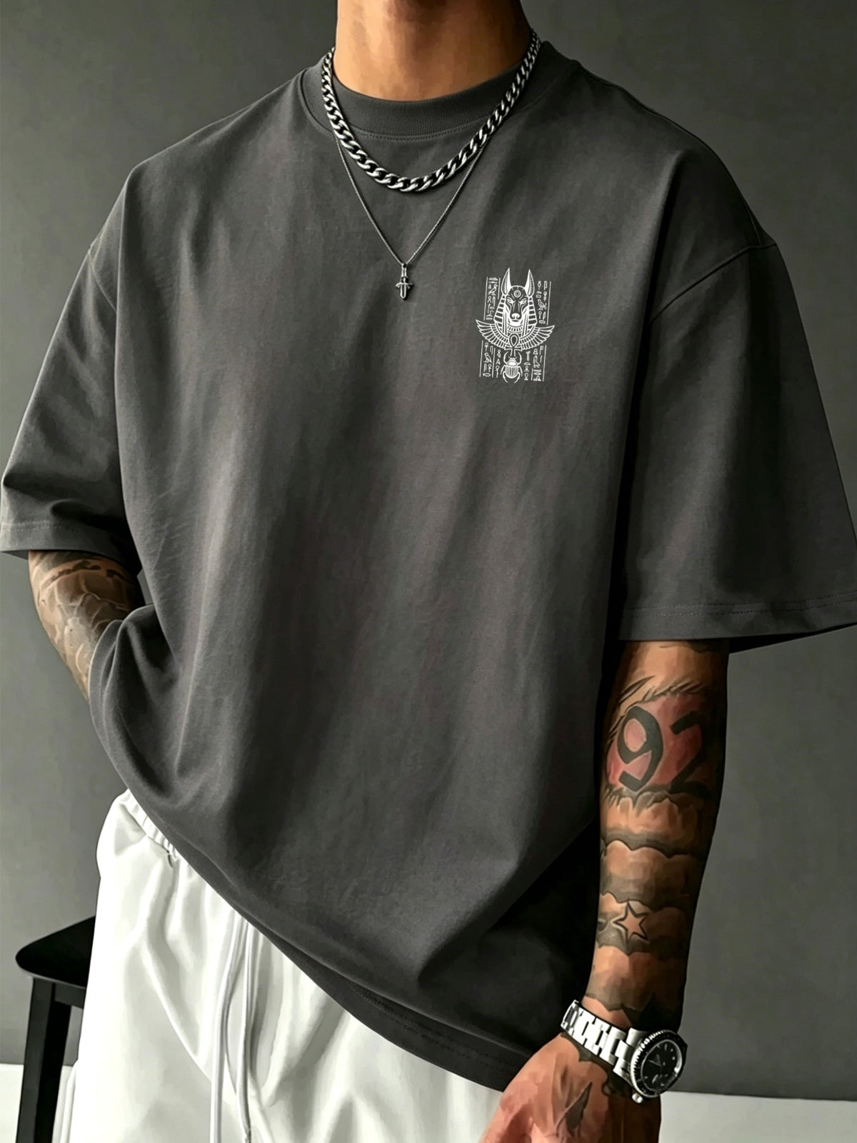 Men's 100% Pure Cotton T-Shirt with Anubis Scarab Egyptian Element Print, Casual, Comfortable, and Breathable for All Seasons - Dark Gray
