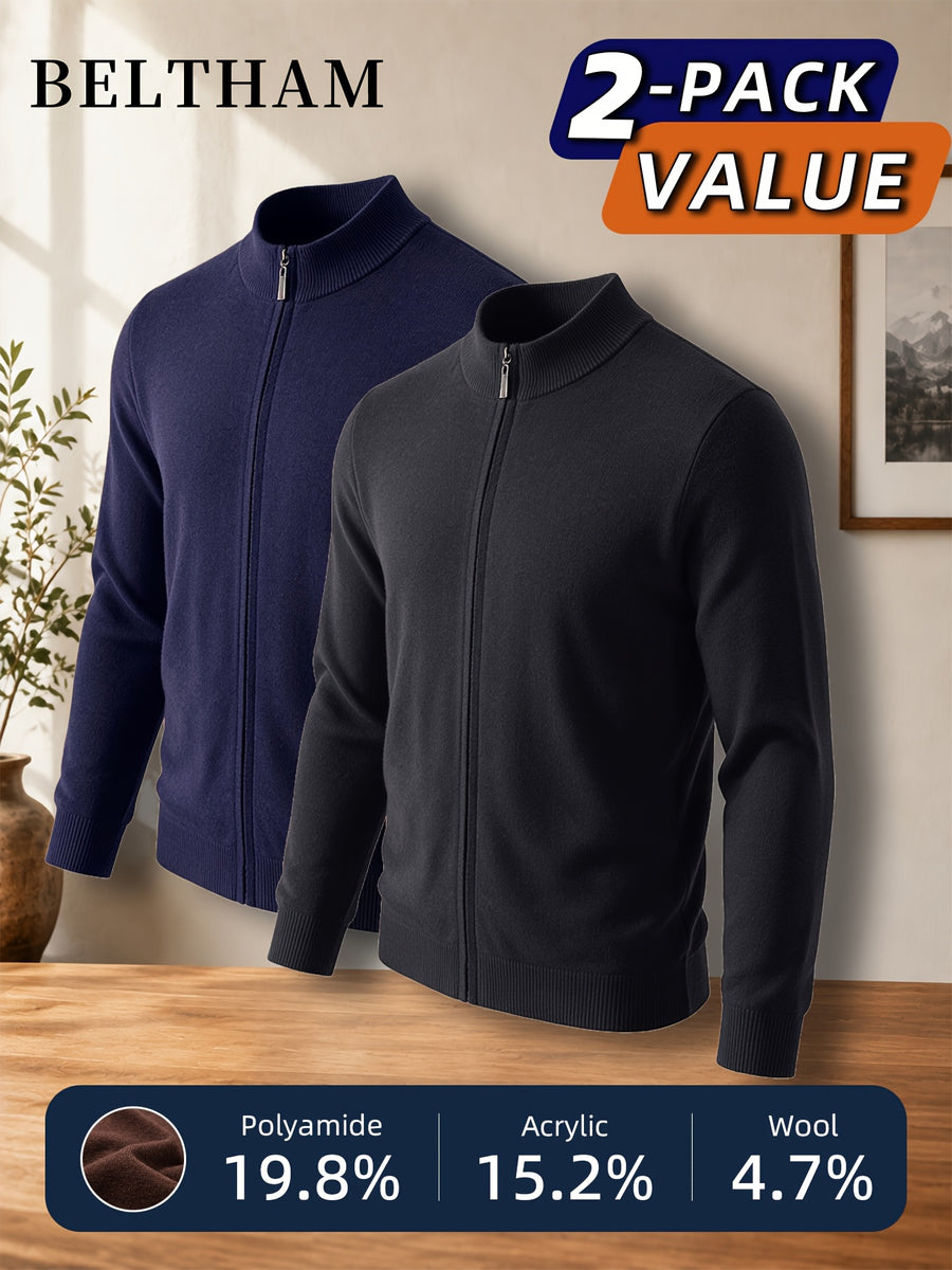 2pcs New Spring Autumn Winter Men'S Knit Cardigan, Ideal Gift for Father And Husband, Solid Color Zipper Design Sweater, Elegant Versatile Knit Cardigan Coat, Suitable for Daily Casual Business Sports Outdoor Camping Fishing Wear - Navy Blue+Dark Grey