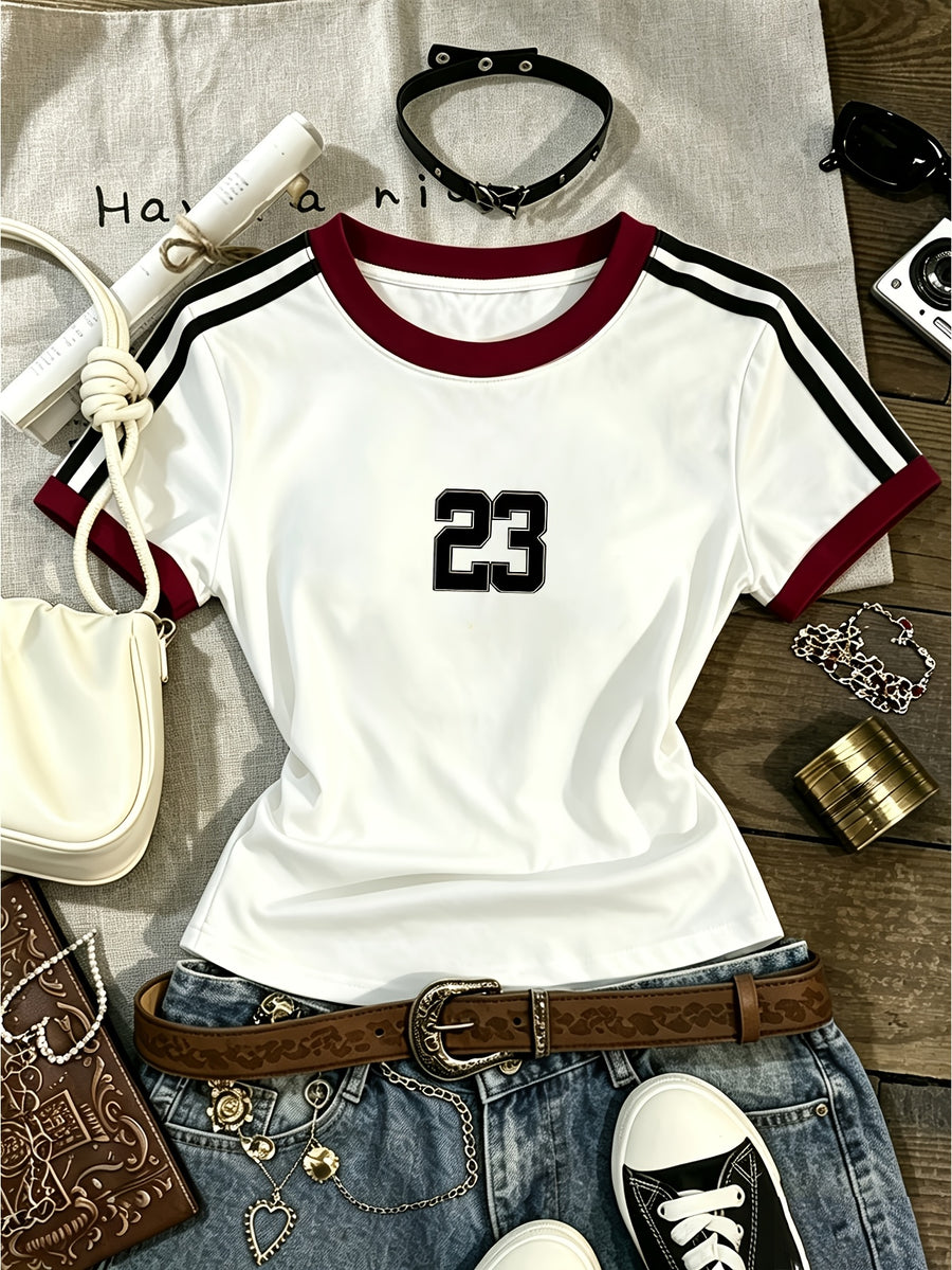 1pc Western Fashion Spring Summer Campus Style Square Shoulder Round Neck Contrast Slim Fit Women'S T-Shirt, Easy Number Pattern Women'S T-Shirt - White