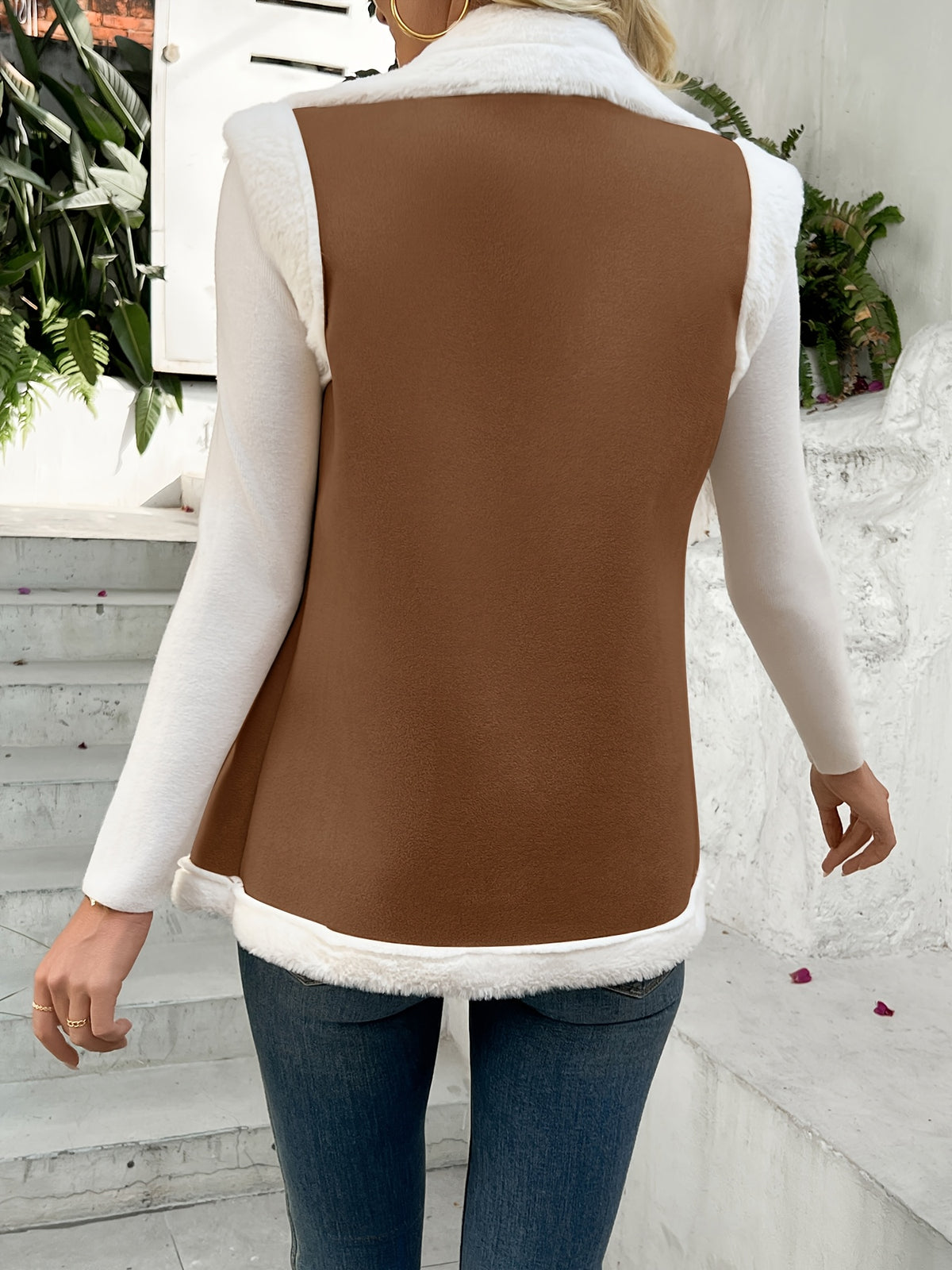 Self-designed Women's Fashionable Furry Warm Vest Jacket - Light Brown-1