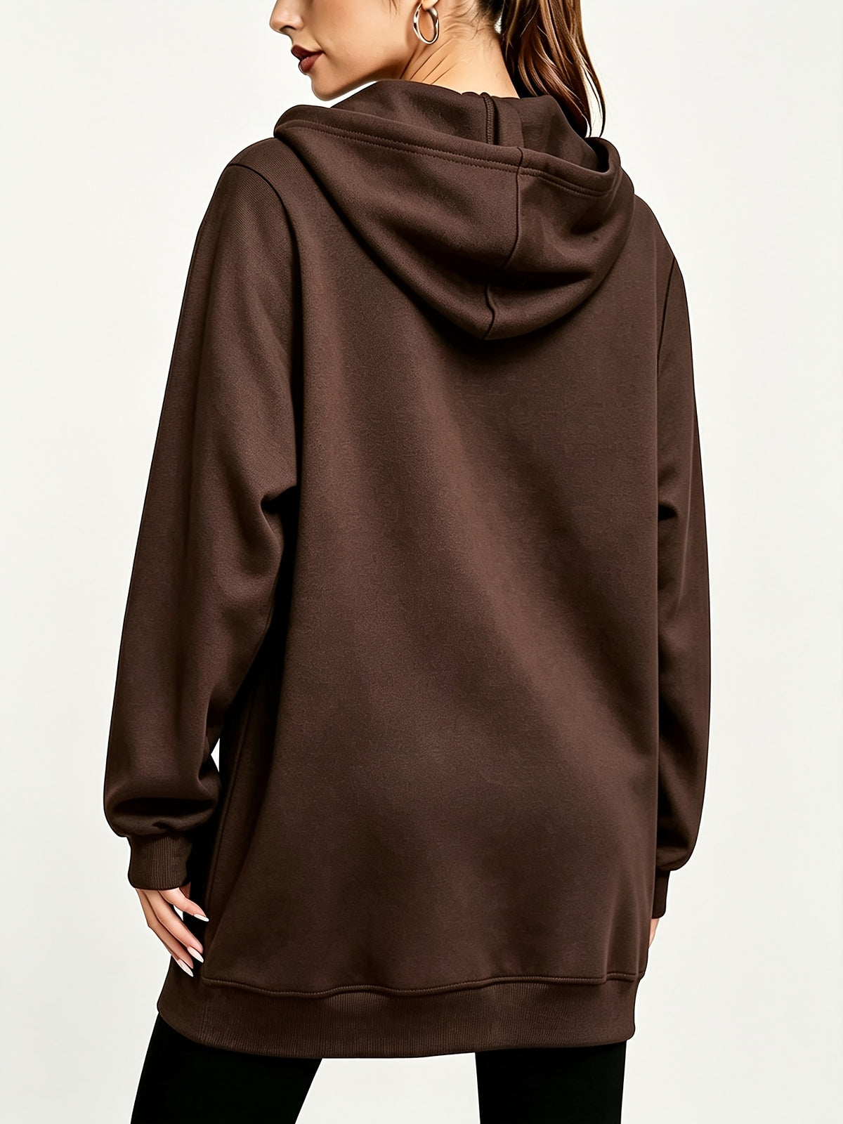 Women's Long Hooded Printed Sweatshirt Jacket, Autumn/Winter Thickened Hoodie, Versatile Loose Fit Casual Long Sleeve Zip-Up Cardigan Jacket - Dark Brown