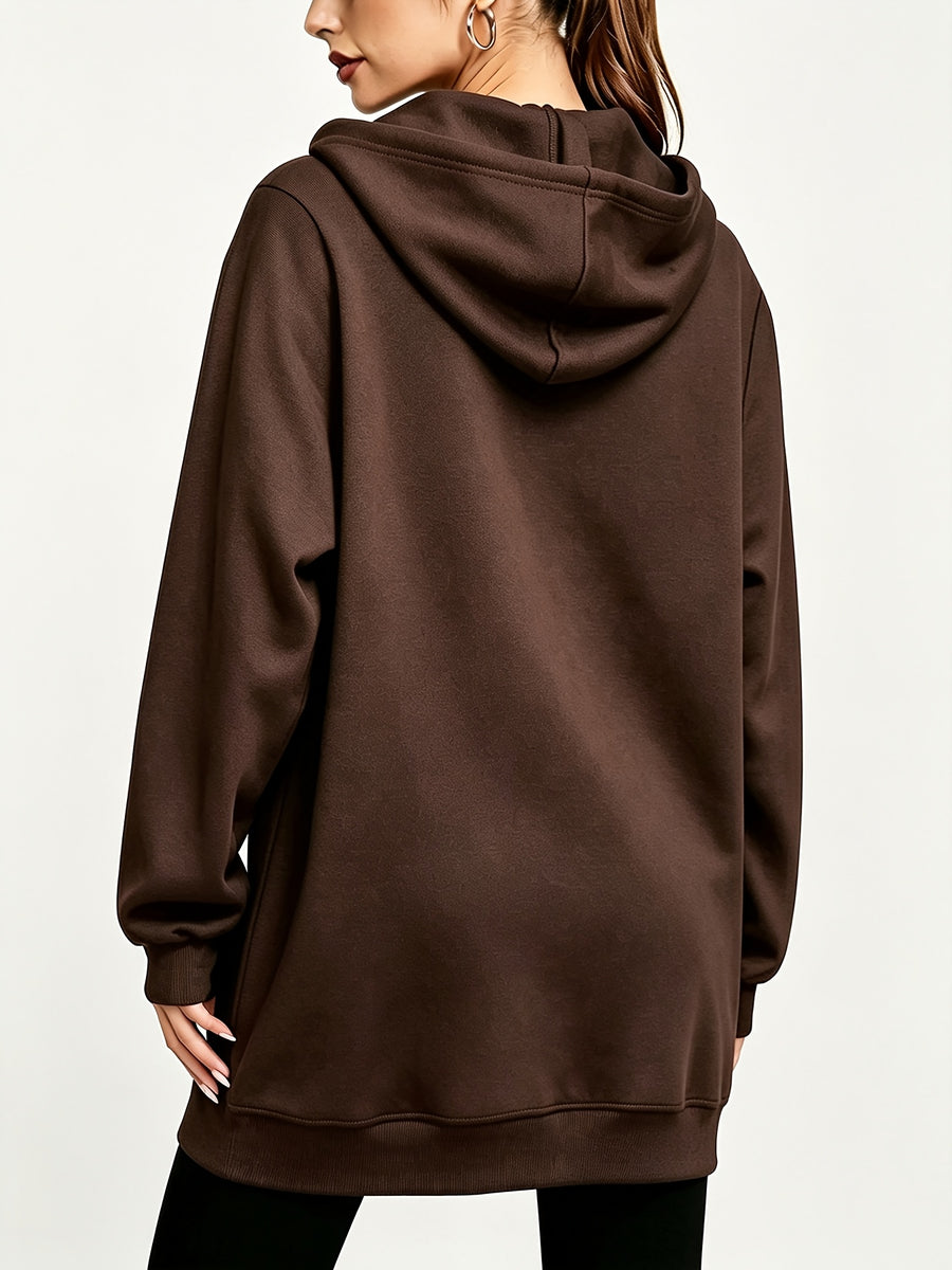 Women's Long Hooded Printed Sweatshirt Jacket, Autumn/Winter Thickened Hoodie, Versatile Loose Fit Casual Long Sleeve Zip-Up Cardigan Jacket - Dark Brown