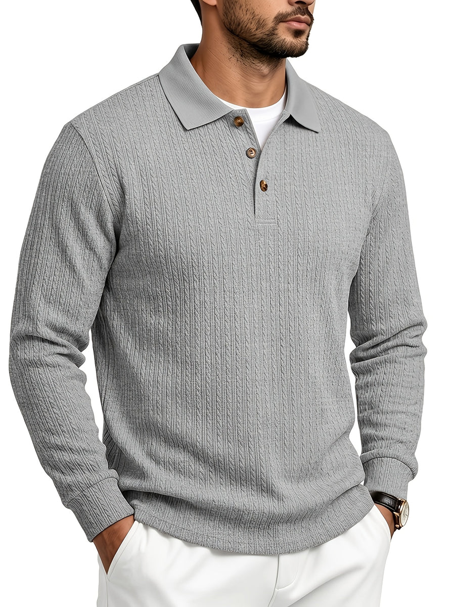 Spring/Autumn Men'S Long Sleeve Polo Shirt, High-Elastic Textured Vertical Rib Jacquard Collar T-Shirt, Business Casual Slim Fit Versatile Solid Color Pullover Top - Grey