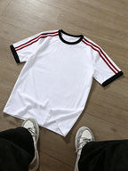 WB Men's Striped Patchwork Casual Short-Sleeve Top with Fun Print, 100% Pure Cotton Fashion Design. Made of Skin-friendly and Breathable Pure Cotton Material, This Versatile Casual Style Is Easy to Wear and Suits Daily Commutes, Parties - White