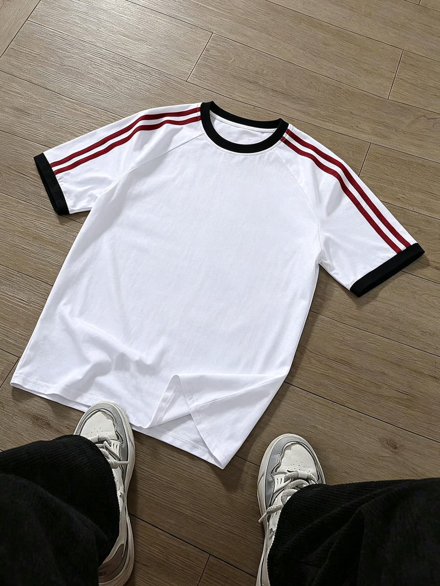 WB Men's Striped Patchwork Casual Short-Sleeve Top with Fun Print, 100% Pure Cotton Fashion Design. Made of Skin-friendly and Breathable Pure Cotton Material, This Versatile Casual Style Is Easy to Wear and Suits Daily Commutes, Parties - White