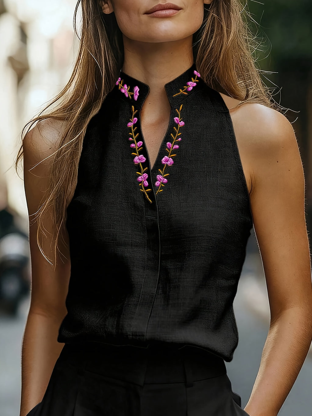 Women's Floral Embroidered Stand Collar Sleeveless Blouse, Embroidered Top, Elegant Summer Outfit, Office and Commuting Attire, Pretty Blouse, Casual Elegance, Shirt - Black + Purple Embroidery
