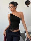 Black One-Shoulder Slant Collar Lace Hem Vest ZLLZ - Black