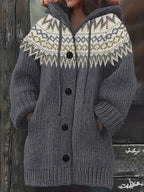 Fashionable Casual Long-Sleeve Hooded Cardigan for Women with Contrasting Colors And Pockets - Grey
