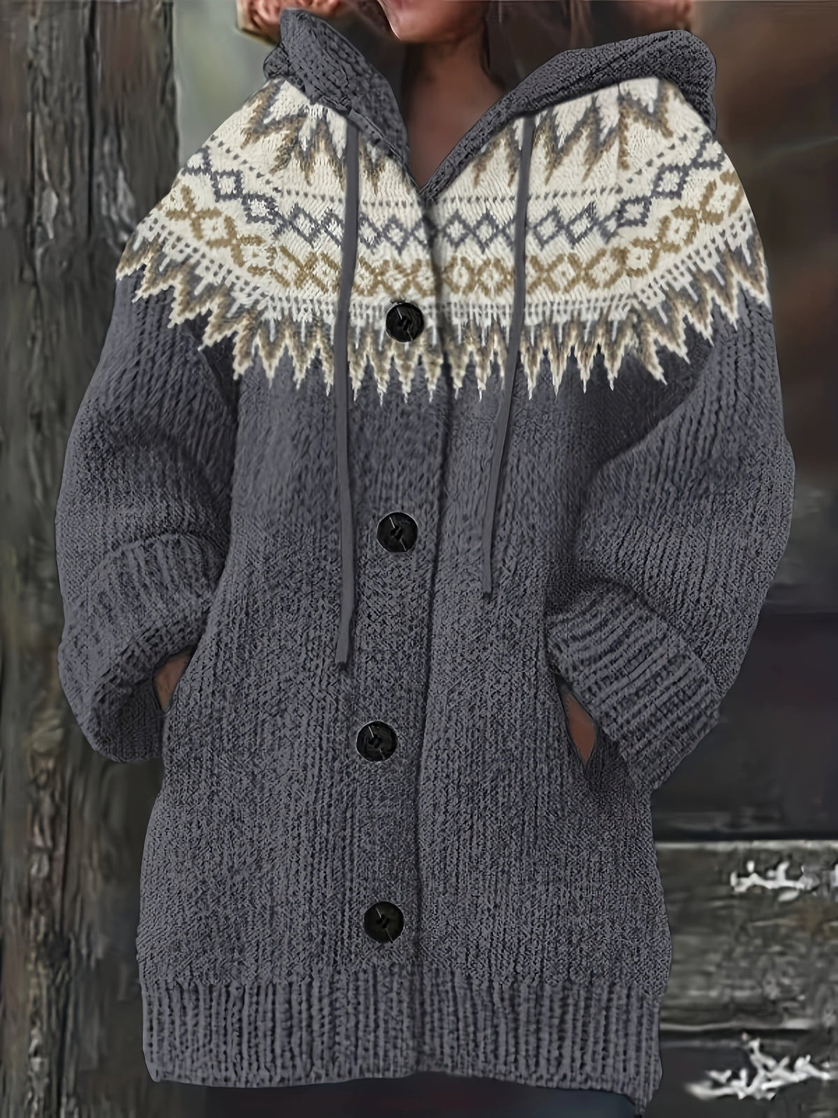 Fashionable Casual Long-Sleeve Hooded Cardigan for Women with Contrasting Colors And Pockets - Grey