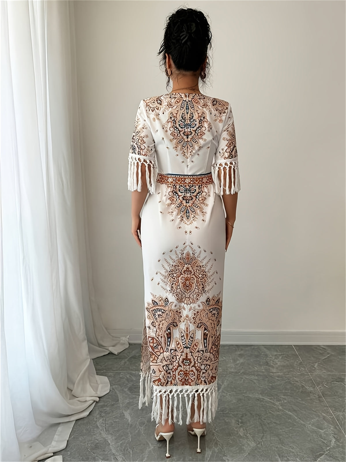 Western Elegant Holiday Vacation Party Paisley Pattern Print Fringed Hem And Cuffs Belted Waist Side Slit Round Neck Bodycon Midi Dress - Multicolor