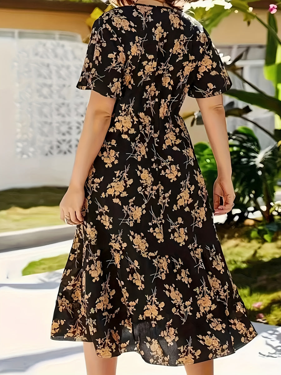 Floral Printed High-Waisted Casual V-Neck Polyester Dress for Adult, Spring/Fall Collection, A Pendulum Style, Woven Fabric, 105 g/m² - Black