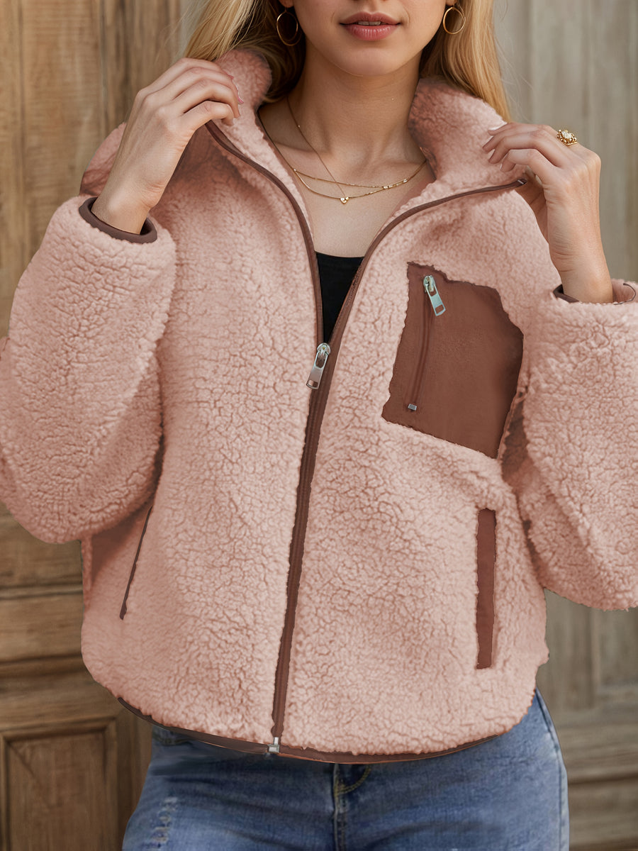 Applique Contrast Trim Zipper Cardigan Casual Plush Jacket - Pink Color