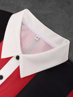 American Retro Los Angeles Letter Long Sleeve Men'S Polo, Red Black Pinstripe Contrast Casual Polo - Red