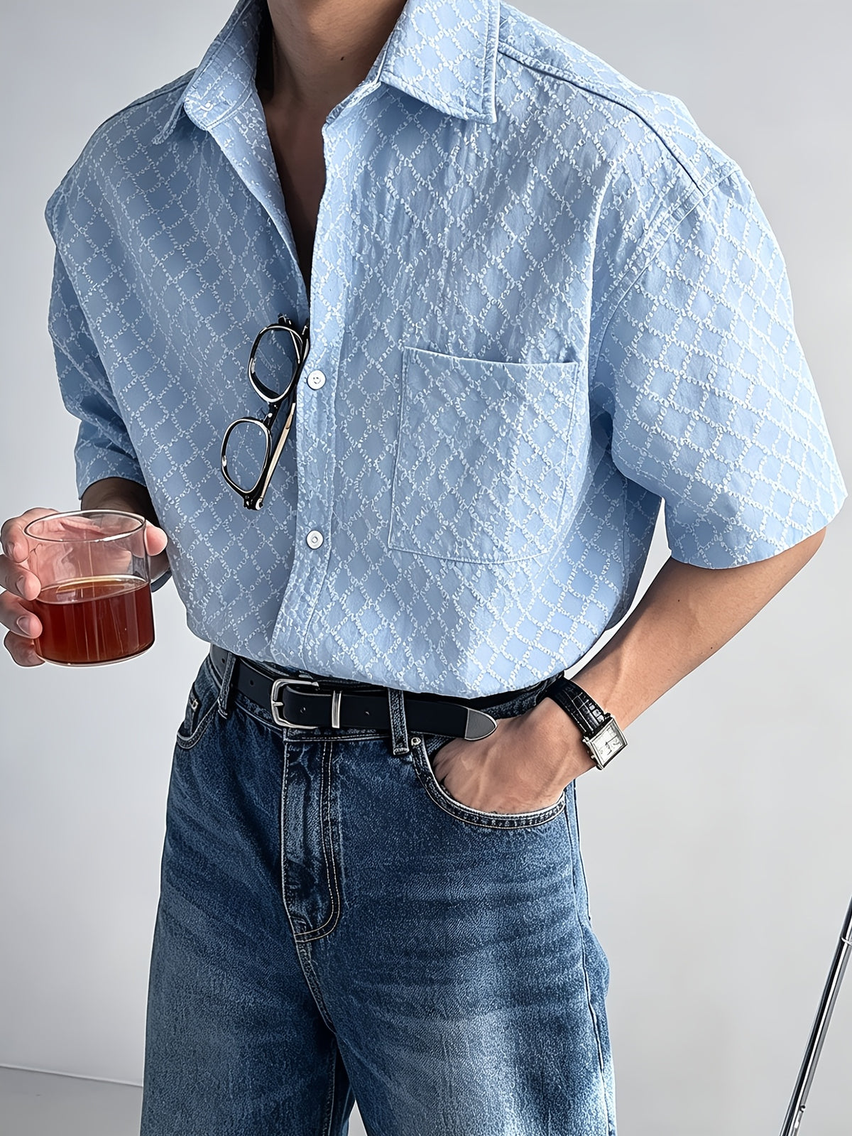 Men's Jacquard Textured Fabric Fashionable Casual Versatile Short-Sleeve Shirt Top - Light Blue