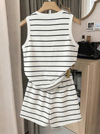 Women's Striped Crew Neck Tank Top and Drawstring Waist Shorts Casual 2pcs Set - White