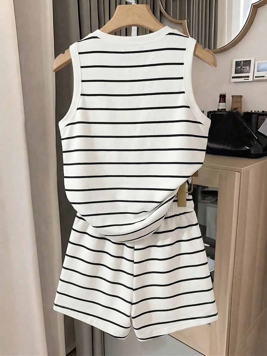 Women's Striped Crew Neck Tank Top and Drawstring Waist Shorts Casual 2pcs Set - White