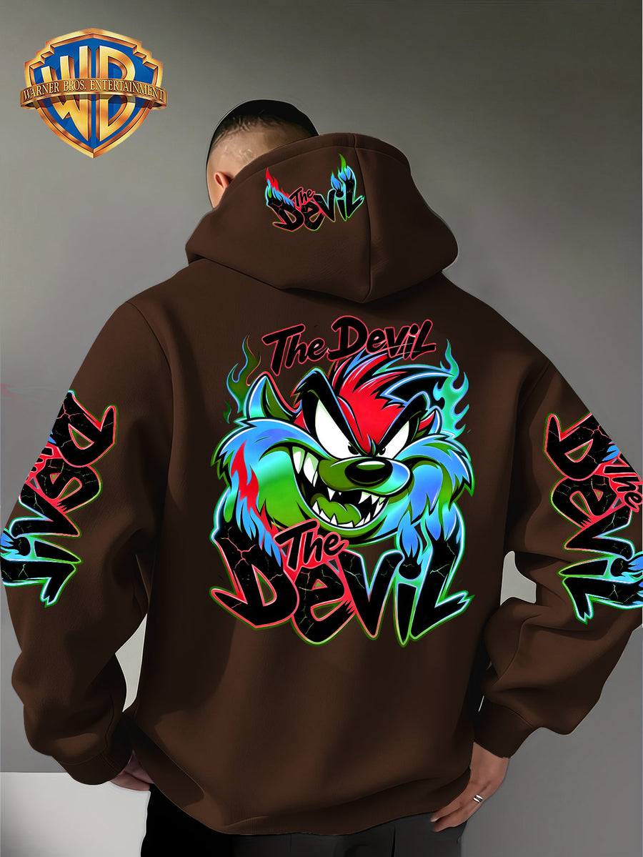Le Yitong Flame Style Color-Block Graffiti Big Mouth Monster The Devil Print Hoodie, with Sleeve Print Design, Kangaroo Pouch And Drawstring Hood, Suitable for Autumn/Winter Casual Wear And Outdoor Activities - Coffee Color
