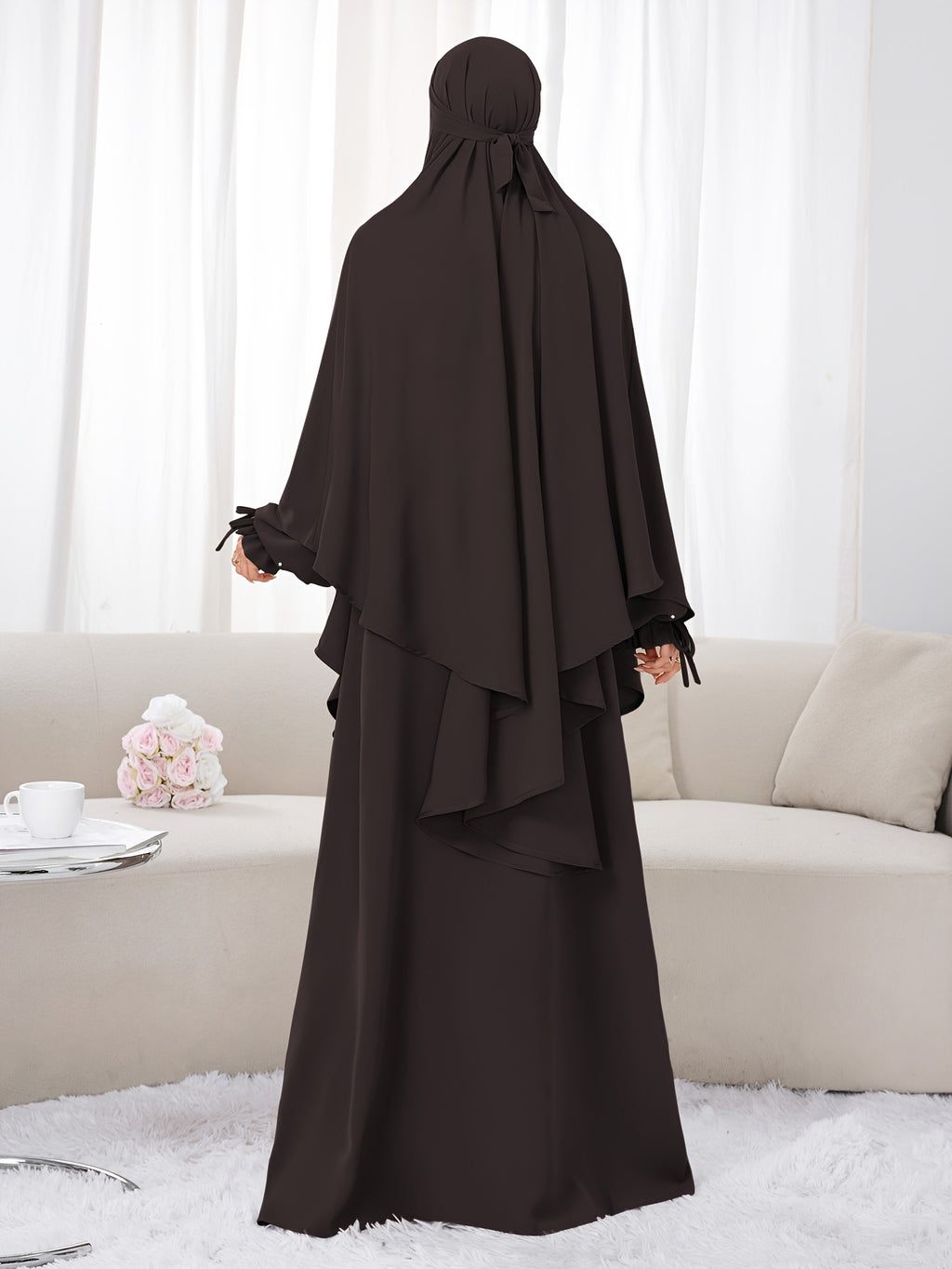 Women's 2pcs Modest Islamic Abaya & Khimar Suit - Elegant Full Coverage Prayer Dress with Headscarf, Pure Color Muslim Dress Suitable for Daily Wear, Hajj, Ramadan, Travel - Abaya Robe for Muslim Women - Coffee Color