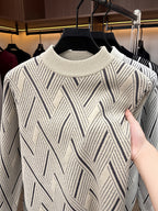 Men'S Mid-Length Round Neck Jacquard Sweater Autumn Winter Knit Casual Pullover Warm Top - Beige Apricot