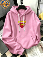 Warner Bros Official Autumn/Winter Casual Sporty Loose Hooded Sweatshirt, DC Superman SUPERMAN Emblem Logo Trendy Cool Vintage Print, Men's Casual Versatile Adjustable Drawstring Sweatshirt, Comfortable and Casual Autumn/Winter Wear - Pink Color