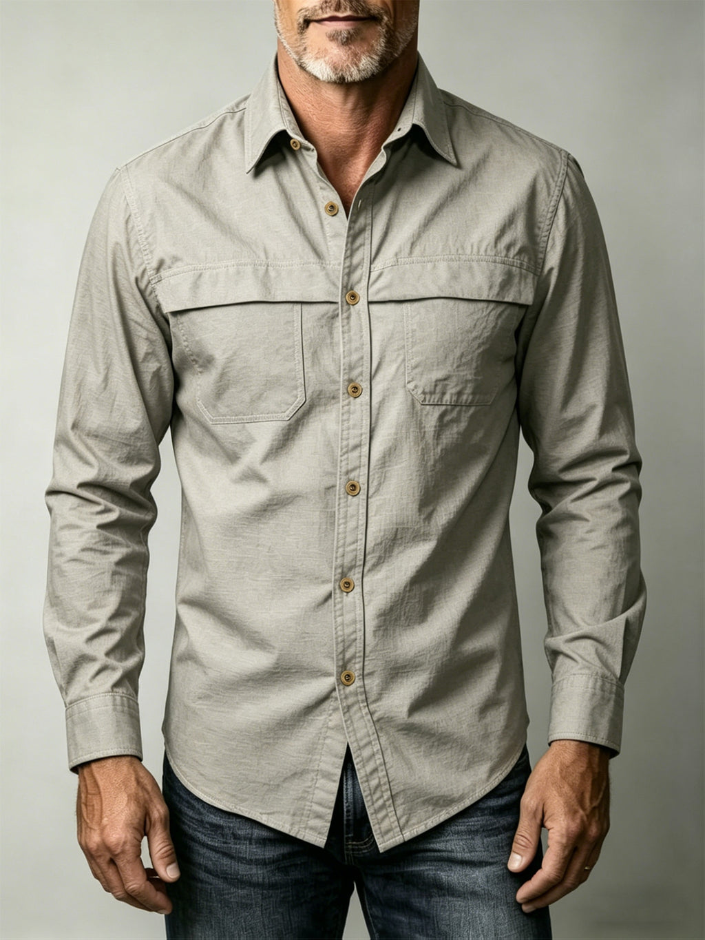 Men'S Solid Color Casual Long-Sleeved Work Shirt, Double Pocket Design, Skin-Friendly And Breathable Fabric, Slim Fit, Stylish And Crisp, Versatile for Spring And Autumn Commuting, Outdoor Activities, And Daily Wear, Durable And Easy to Care for - Khaki