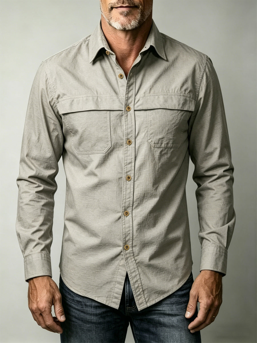 Men'S Solid Color Casual Long-Sleeved Work Shirt, Double Pocket Design, Skin-Friendly And Breathable Fabric, Slim Fit, Stylish And Crisp, Versatile for Spring And Autumn Commuting, Outdoor Activities, And Daily Wear, Durable And Easy to Care for - Khaki