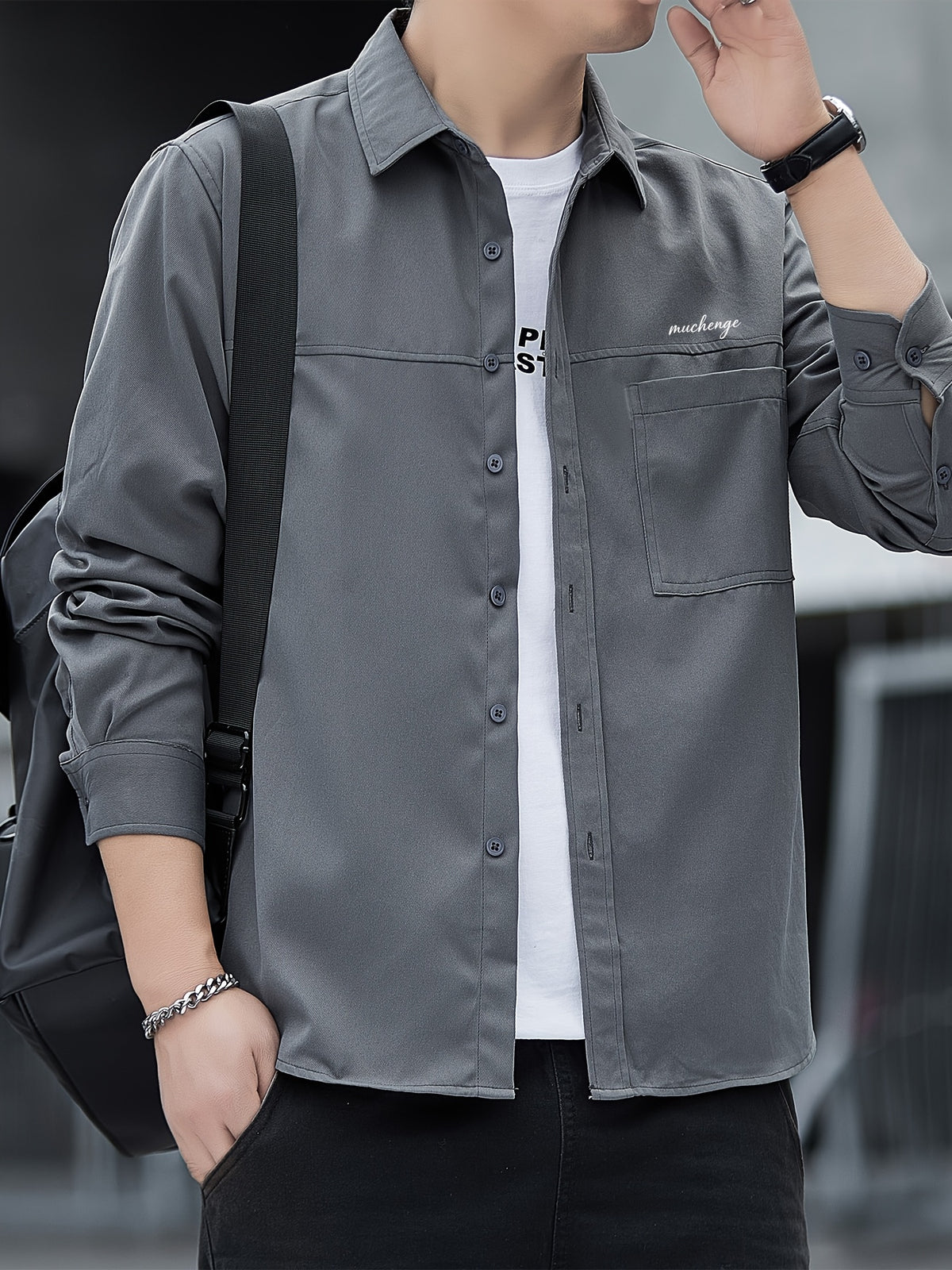 Men'S Long Sleeve Shirt Patchwork Single Pocket Letter Print Outdoor Casual Spring Autumn Regular Daily Commute Office Date Party - Grey