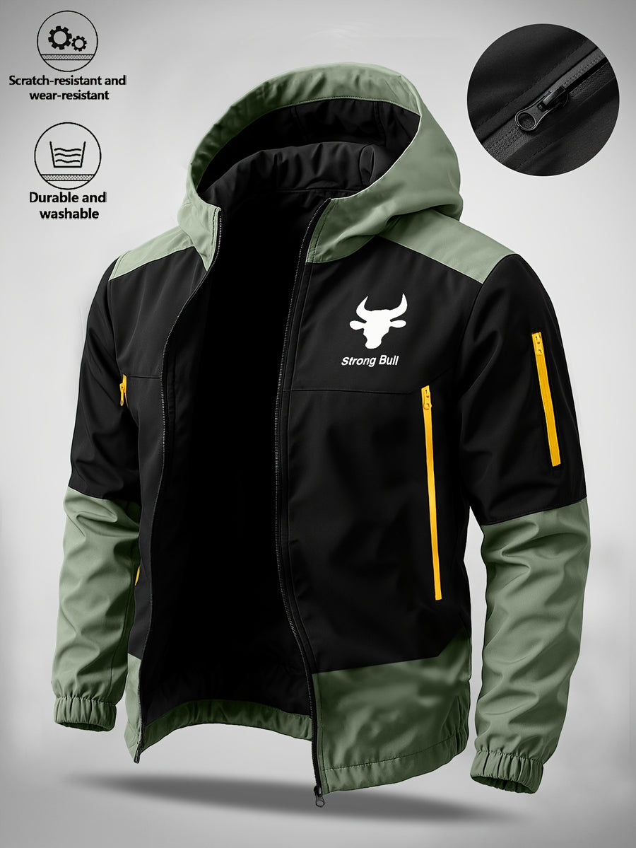 Men's Hooded Jacket with Bull Logo Colorblock Hooded Outdoor Jacket, Men's Sporty Casual Outerwear, JK1859 - Fruit Green