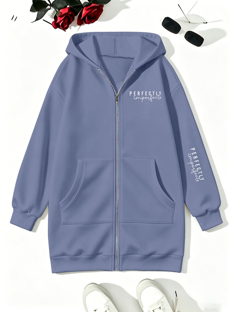 Loose-fit Mid-length Cardigan Hooded Sweatshirt with Letter Print - Peacock Blue