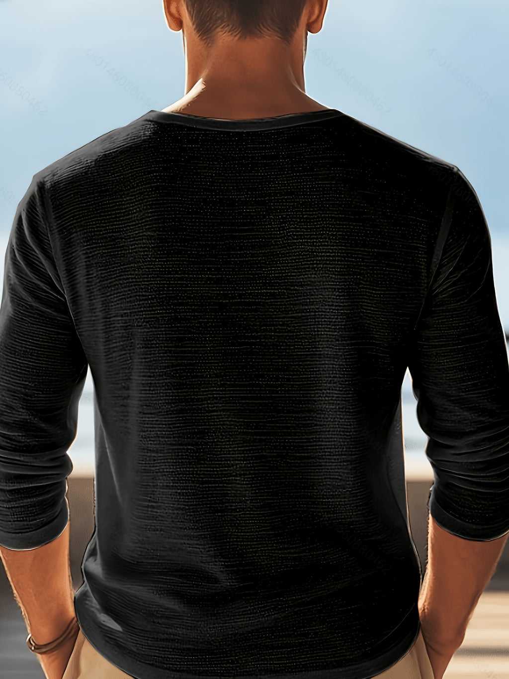Men's V-Neck Long Sleeve T-Shirt, Black + Light Blue Thin Loose Fit Base Layer, Spring/Autumn Casual Breathable Top (2pcs) - Black+Sky Blue