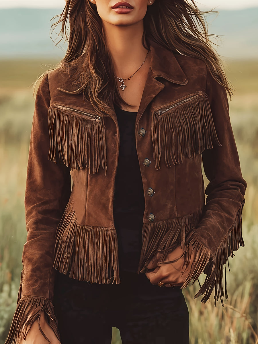 Women's Western Bohemian Fringe Faux Suede Jacket - Dark Brown