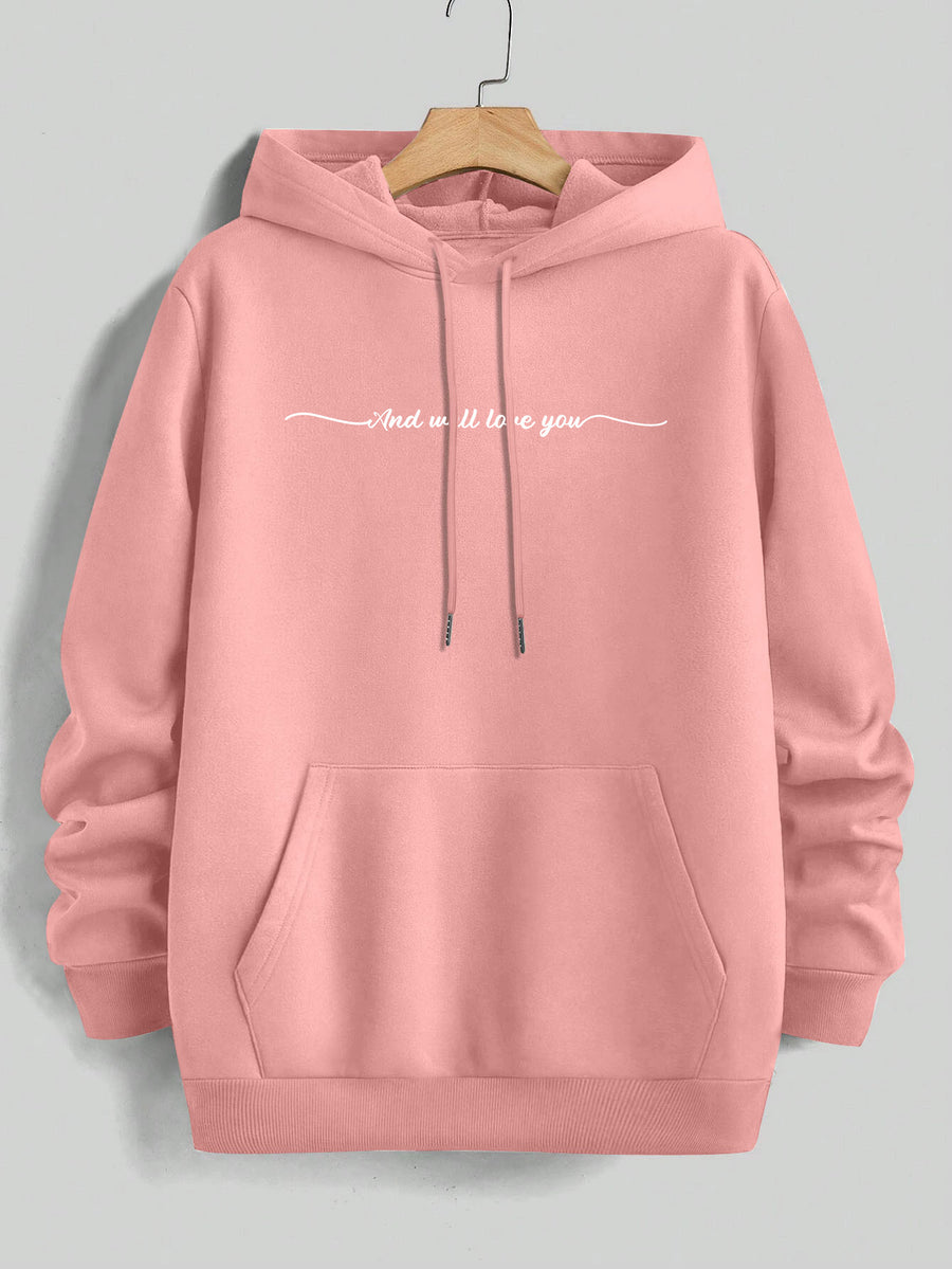 Men'S Yellow Hoodie with "And We'll Love You" Print - Cozy Fleece-Lined Pullover with Kangaroo Pocket, Casual Drawstring Hooded Sweatshirt for Spring & Fall, Comfortable Clothing | Relaxed Fit Hoodie | Fleece Lined Hoodie - Pink