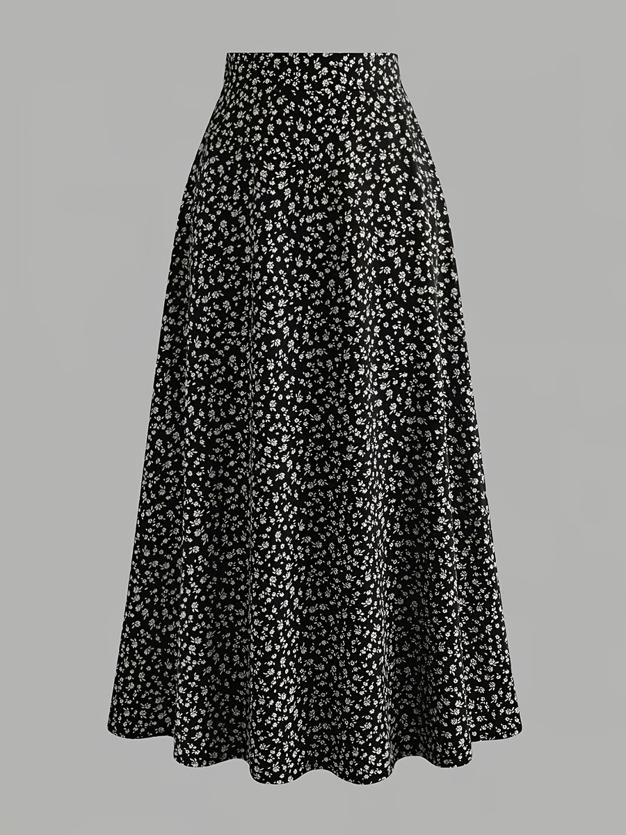 Retro Black Background Small Floral Print Midi Skirt, Summer High Waist A-Line Large Swing Mid-Length Umbrella Skirt - Black