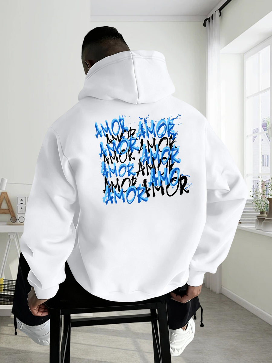 Thanksgiving Men's Hoodie with "AMOR" Blue Ink Splatter Graffiti Print on the Back, Warm and Comfortable Autumn/Winter Hooded Sweatshirt, Featuring a Practical Kangaroo Pocket, Trendy Brand-Style Stacked Letter Pattern and Floral Design - White