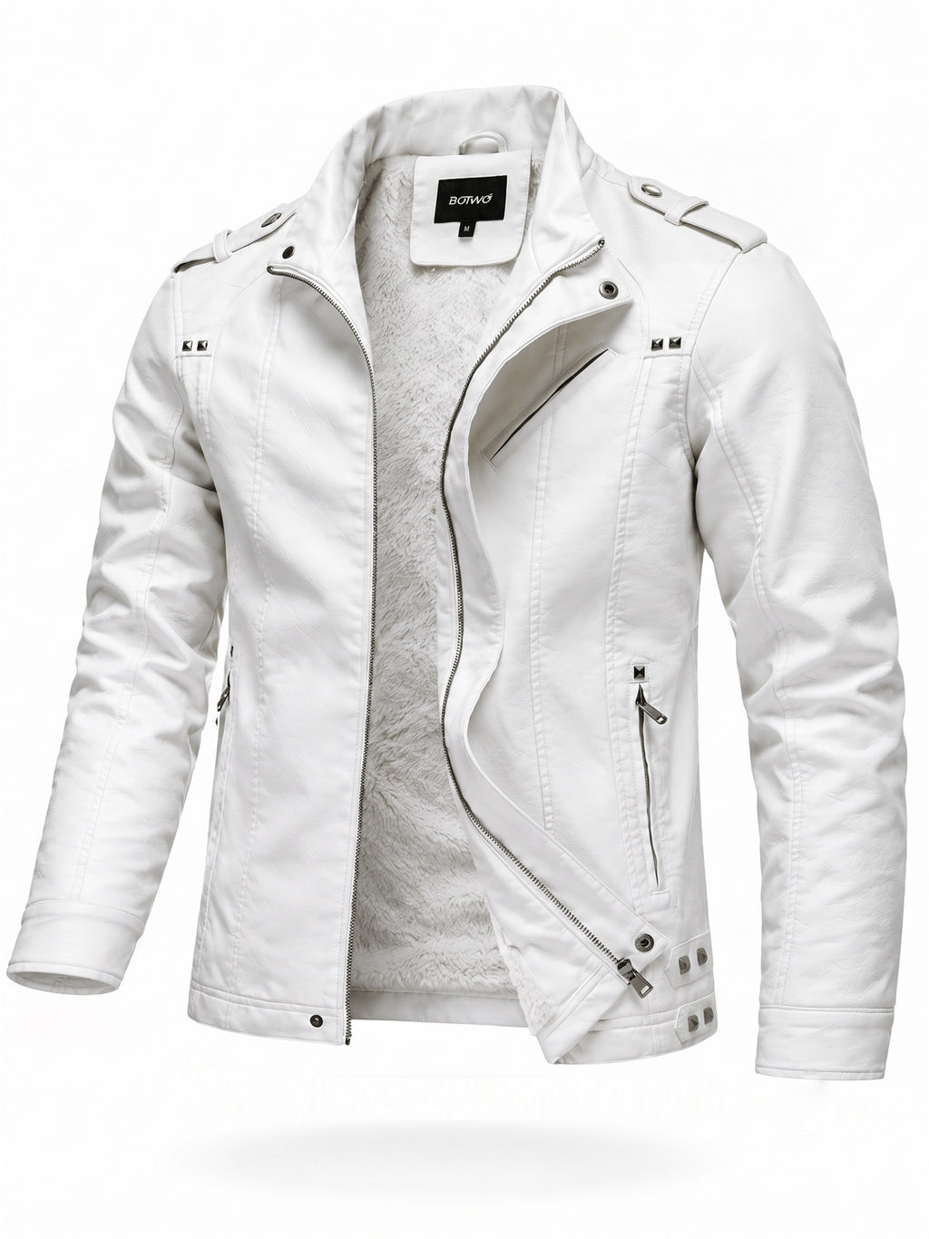 Men's PU PU Leather Biker Jacket with Warm Plush Lining, Stand Collar, Asymmetrical Zip Front, Multiple Zipper Pockets, Shoulder Tabs and Stud Accents for Fall/Winter  Commuting, Travel, Streetwear, Dating and Daily Wear - White