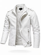 Men's PU PU Leather Biker Jacket with Warm Plush Lining, Stand Collar, Asymmetrical Zip Front, Multiple Zipper Pockets, Shoulder Tabs and Stud Accents for Fall/Winter  Commuting, Travel, Streetwear, Dating and Daily Wear - White