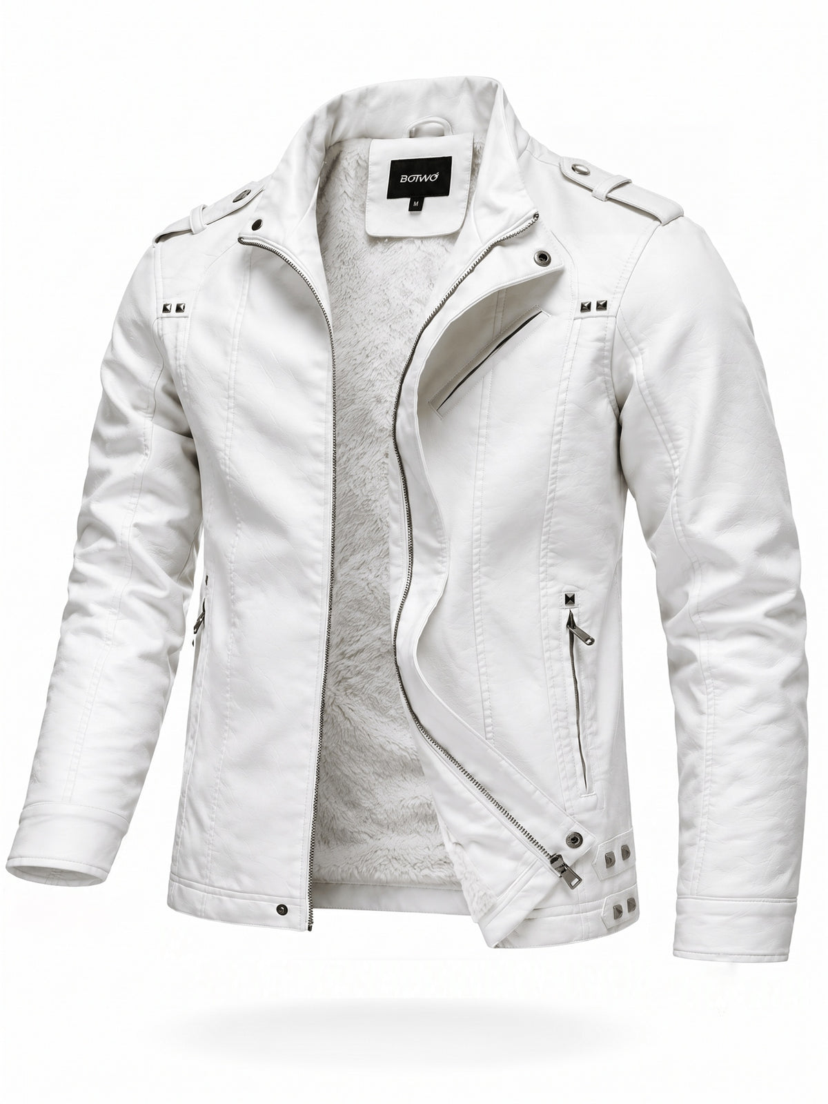 Men's PU PU Leather Biker Jacket with Warm Plush Lining, Stand Collar, Asymmetrical Zip Front, Multiple Zipper Pockets, Shoulder Tabs and Stud Accents for Fall/Winter  Commuting, Travel, Streetwear, Dating and Daily Wear - White