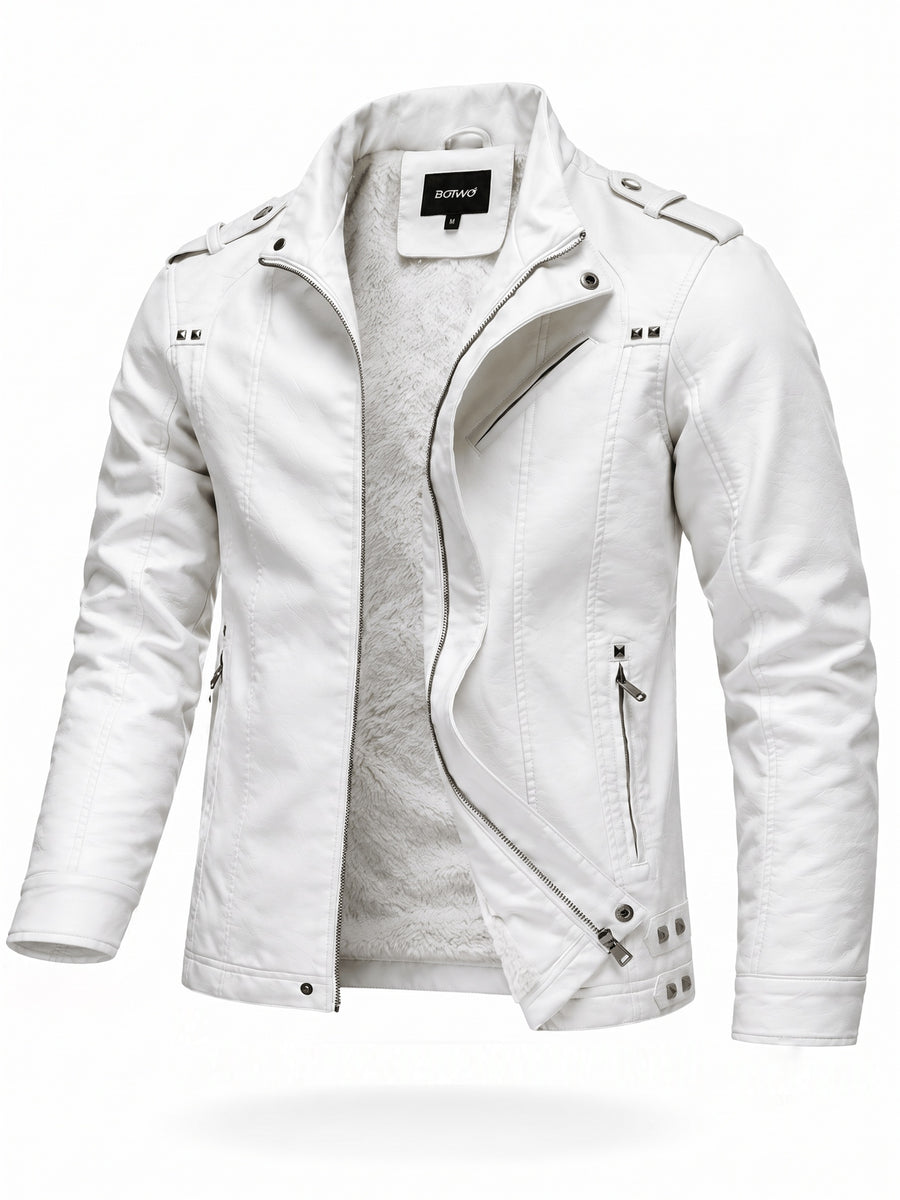 Men's PU PU Leather Biker Jacket with Warm Plush Lining, Stand Collar, Asymmetrical Zip Front, Multiple Zipper Pockets, Shoulder Tabs and Stud Accents for Fall/Winter Commuting, Travel, Streetwear, Dating and Daily Wear - White