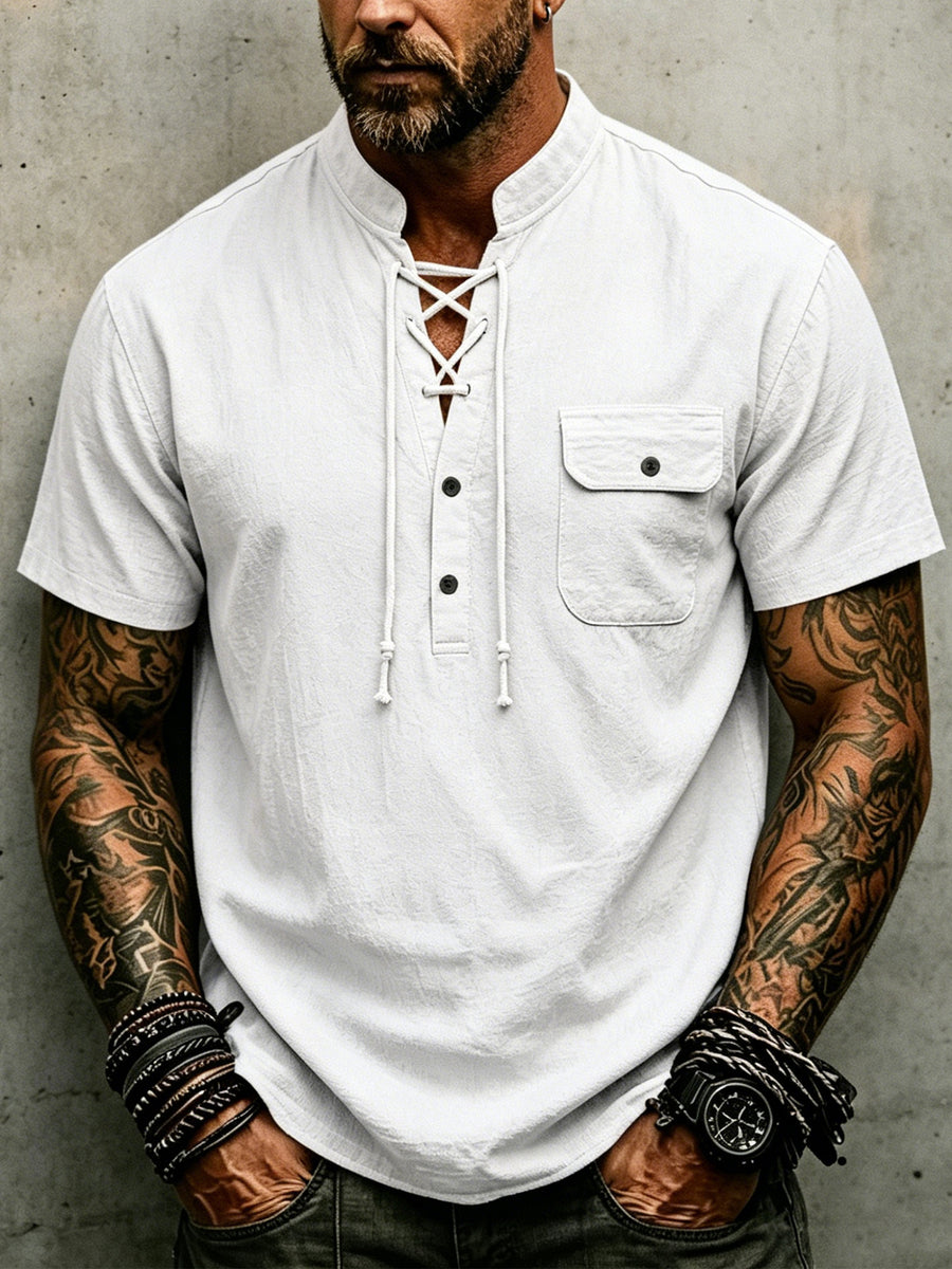 Men's Vintage Medieval Henley Shirt - Short Sleeve Mandarin Collar Cross Drawstring Blouse | Loose Fit Linen Look Top | Suitable for Casual Vacation, Outdoor & Casual Attire, Multi-Color Options - White