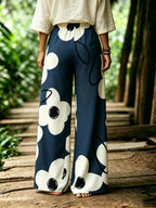 Bohemian Style Colorful Floral Print Wide-Leg Pants Women'S High-Waisted Drawstring Loose Vacation Style Casual Trousers - Sea Blue