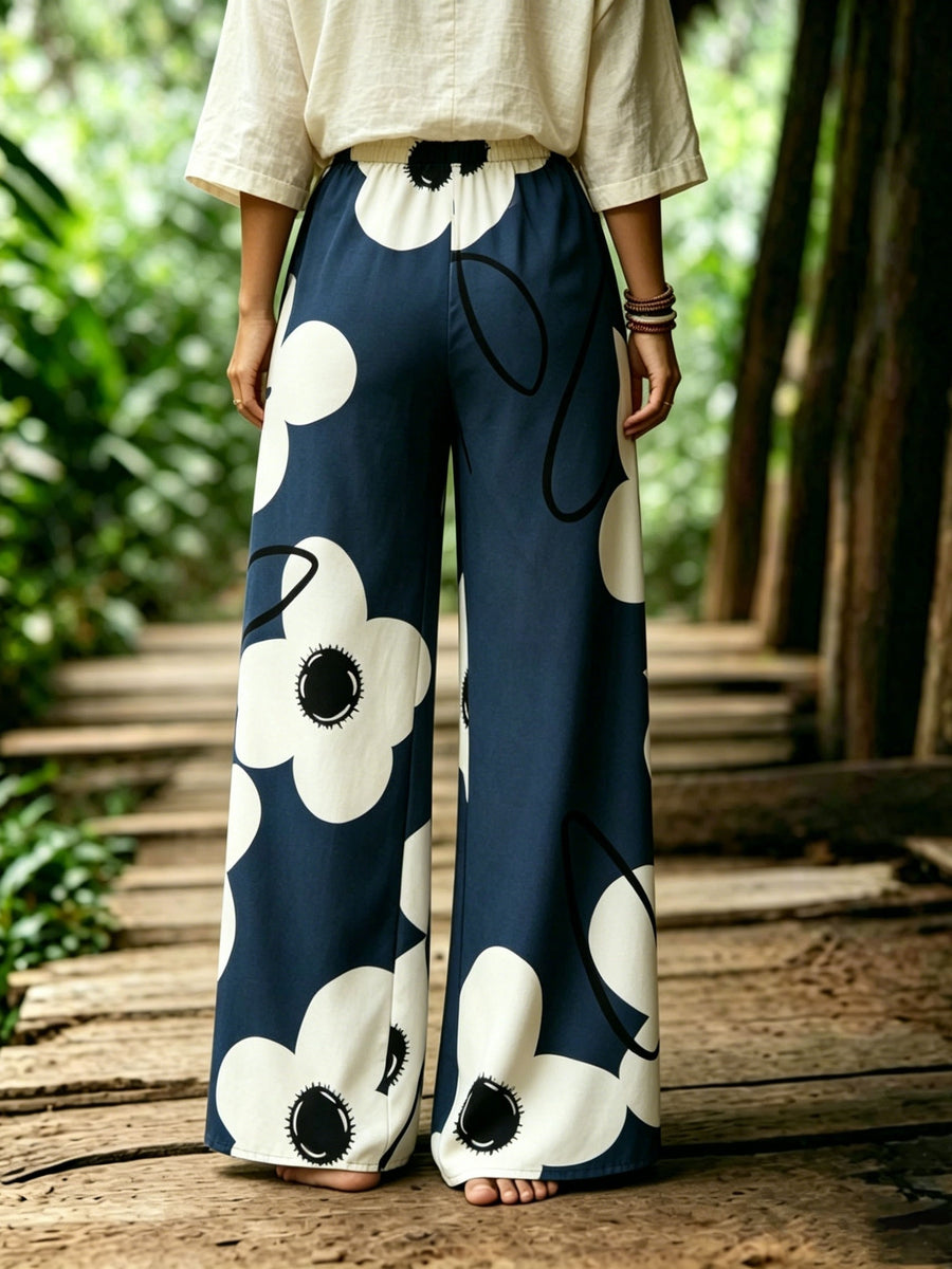 Bohemian Style Colorful Floral Print Wide-Leg Pants Women'S High-Waisted Drawstring Loose Vacation Style Casual Trousers - Sea Blue