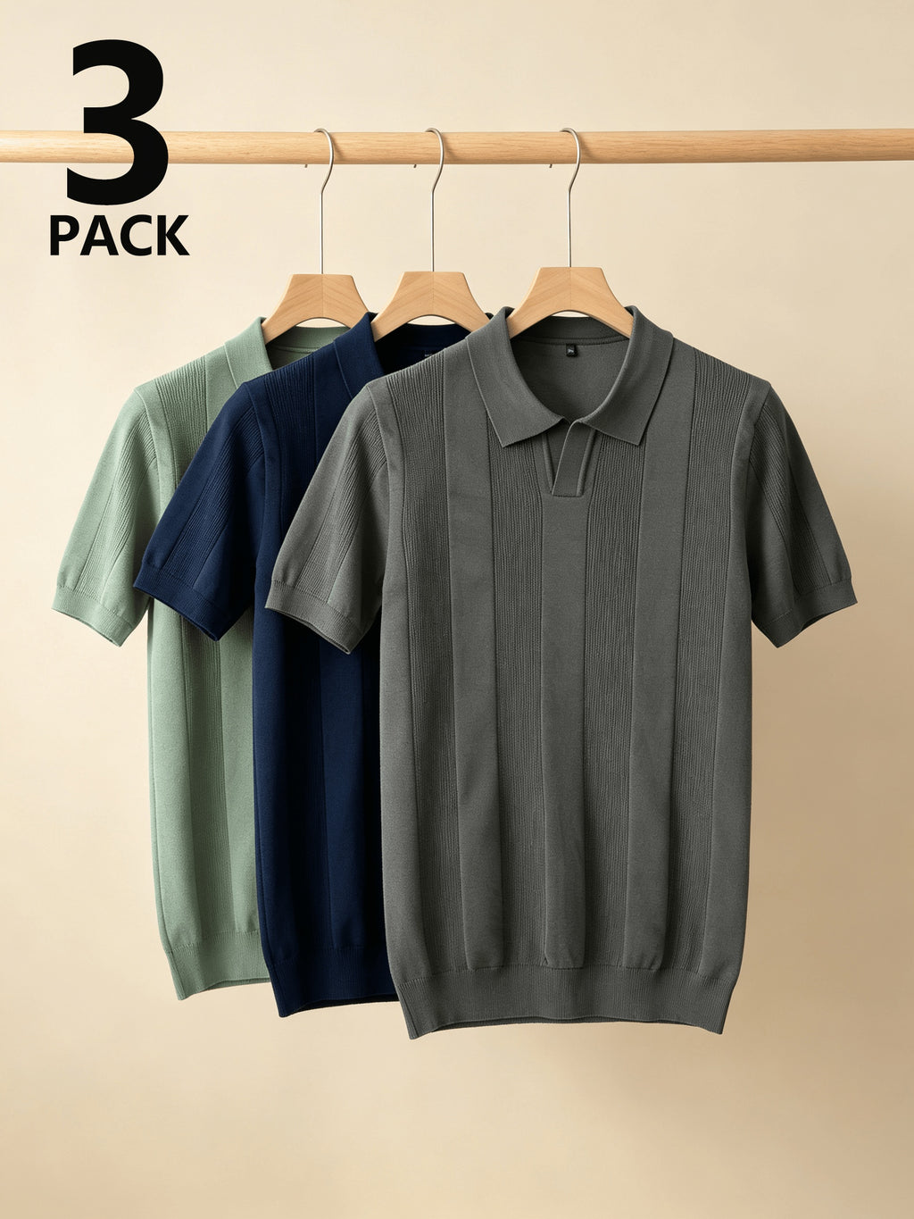 Men 3pcs Vertical Textured Knit Polo Shirts, Slim Fit Notch Collar Short Sleeve Knitwear, Lightweight Comfort Shirts for Office Vacation Daily Wear - Gray-Green-Black-Grey