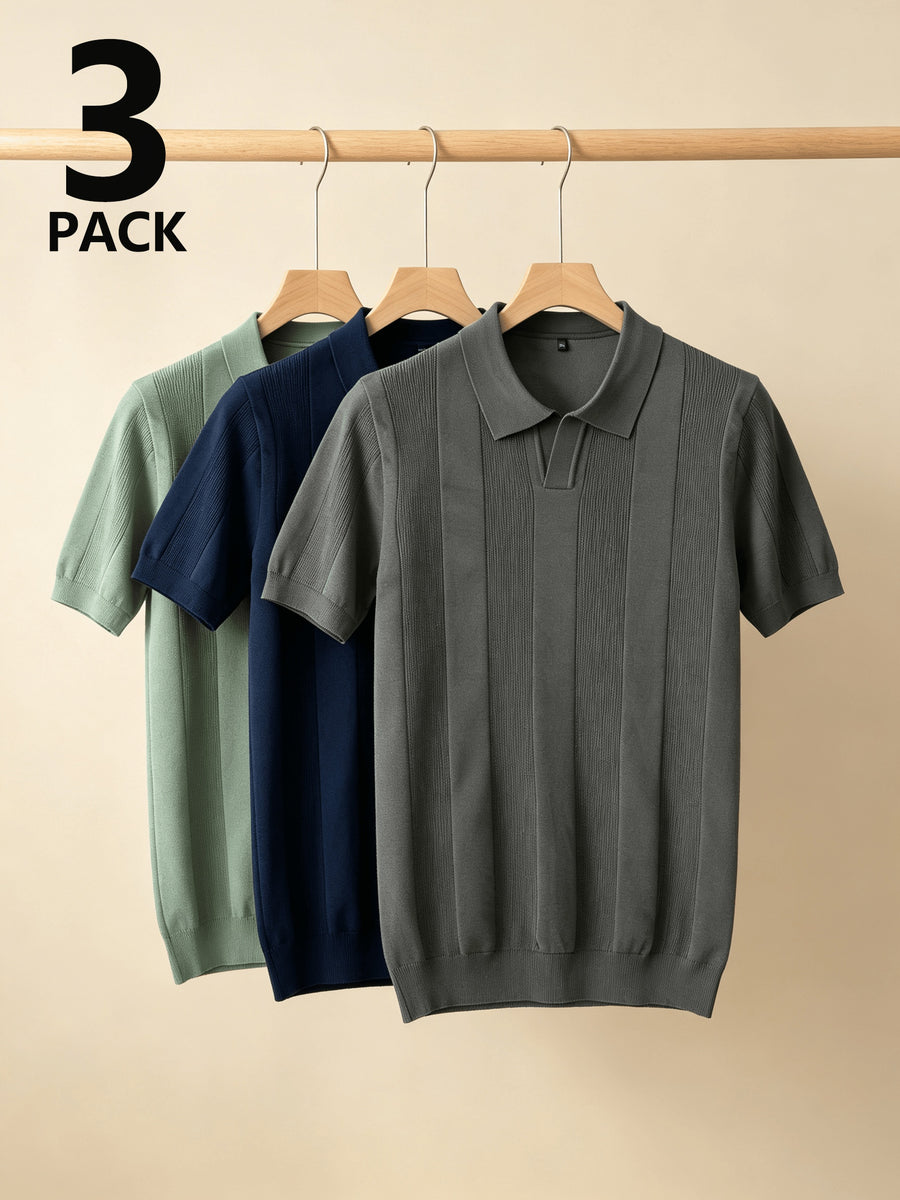 Men 3pcs Vertical Textured Knit Polo Shirts, Slim Fit Notch Collar Short Sleeve Knitwear, Lightweight Comfort Shirts for Office Vacation Daily Wear - Gray-Green-Black-Grey