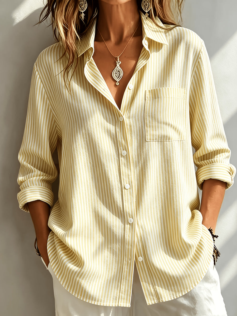 Spring/Autumn Women'S Shirt, Long Sleeve Striped Pocket Casual Skin-Friendly Breathable Commute Daily Summer Top Women'S Shirt - Yellow