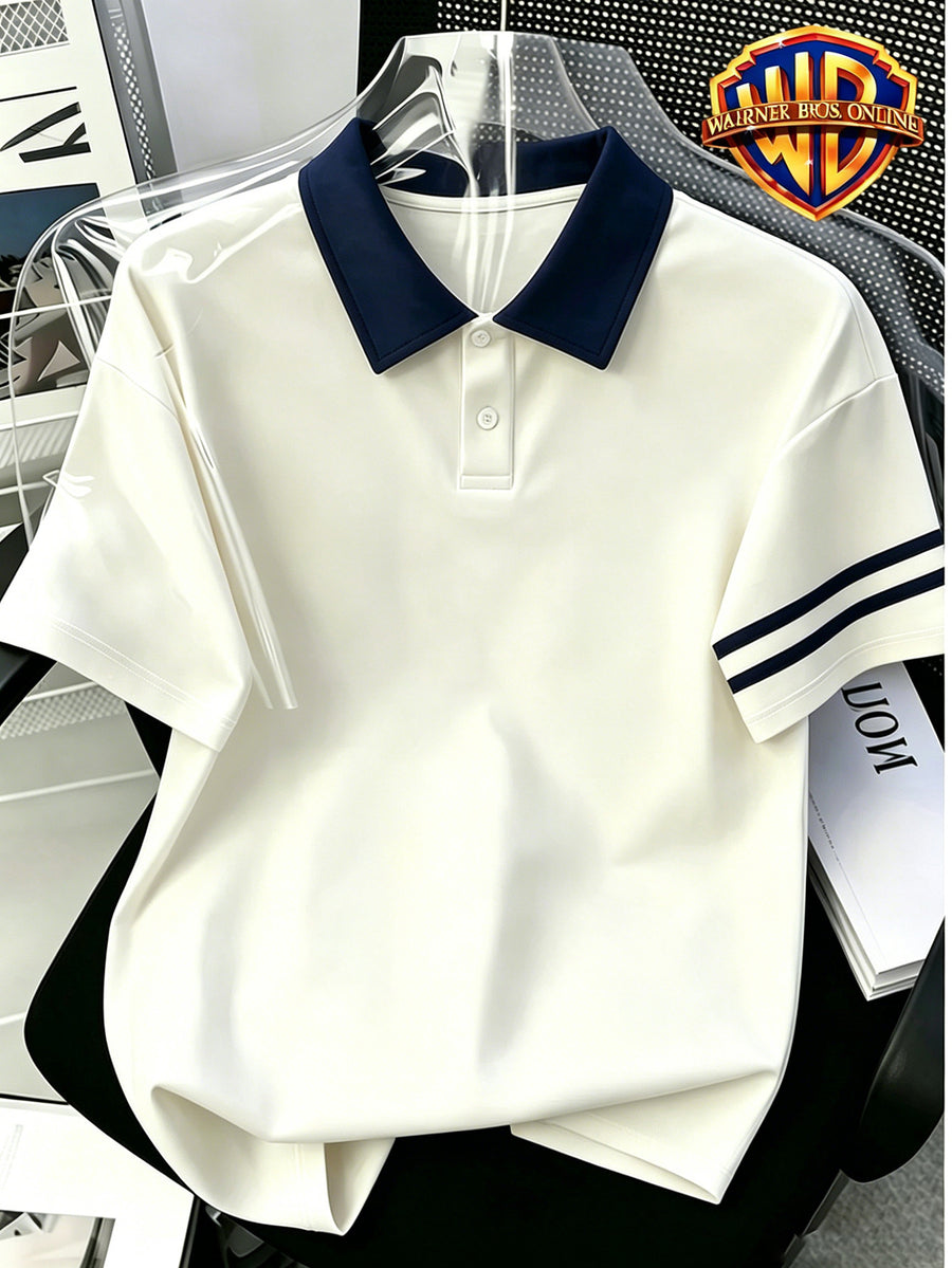 1pc, American Retro Easy Style Versatile Polo Shirt, Preppy Casual Couple Short Sleeve Top, Summer Daily Outing, Campus Wear, Student Couple Choice - Unisex - Navy Color