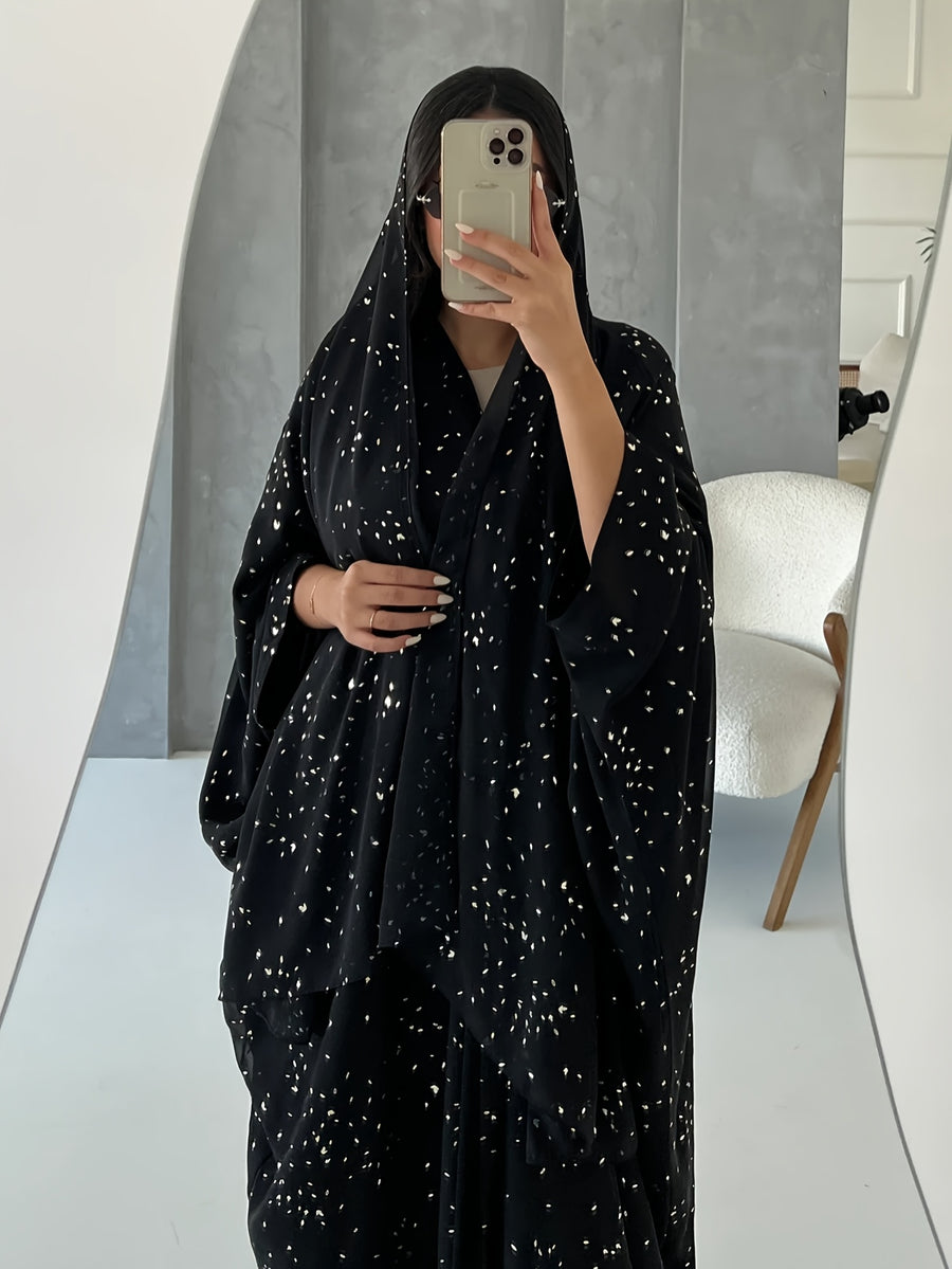 A Women's Sequin Embellished Open Abaya Cardigan & Matching Headscarf Set, Modest Dubai Fashion Outerwear - Black