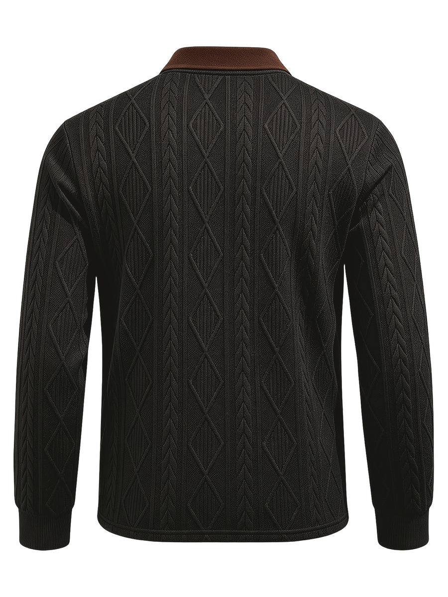 Men's Fashion Long-Sleeve POLO Shirt, Color-Blocked Lapel Jacquard Design T-Shirt, Essential Golf Polo Wear, Breathable, Warm, Skin-Friendly, and Comfortable, for Indoor Gatherings and Outdoor Sports, Casual Vacation Trendy Style - Black