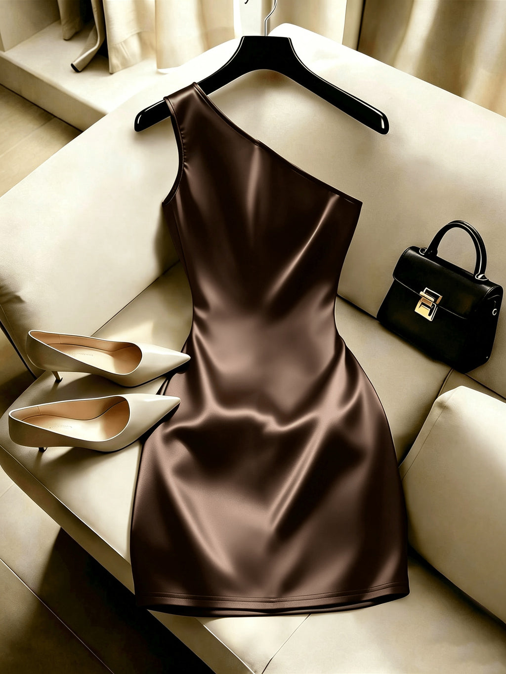 High-end Solid Color Satin One-Shoulder Dress with Metal Buckle, Side Pleats for Waist Definition, Summer Y2K Evening Party Temperament Fitted Mini Skirt - Dark Brown