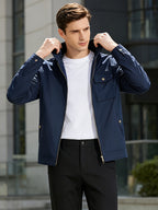 Men's Vintage Military Green Bomber Jacket with Lapel Collar & Zipper Closure - Loose Fit Multi-Pocket Coat Suitable for Spring/Autumn, Casual Streetwear Outerwear, Hand Washable Retro Blazer - Dark Blue